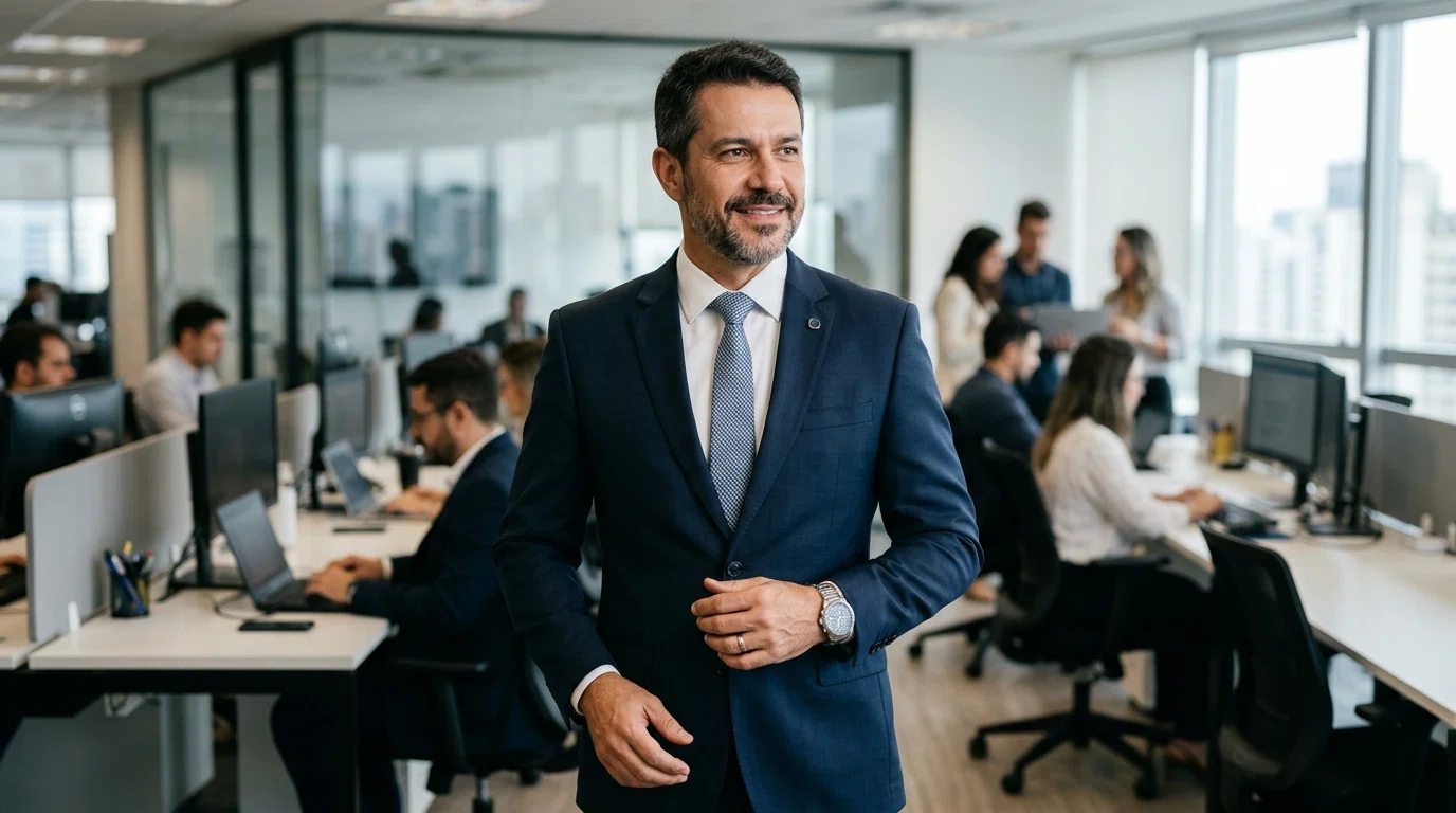 Empresário confiante em escritório, representando a troca de contabilidade em Lavras - MG
