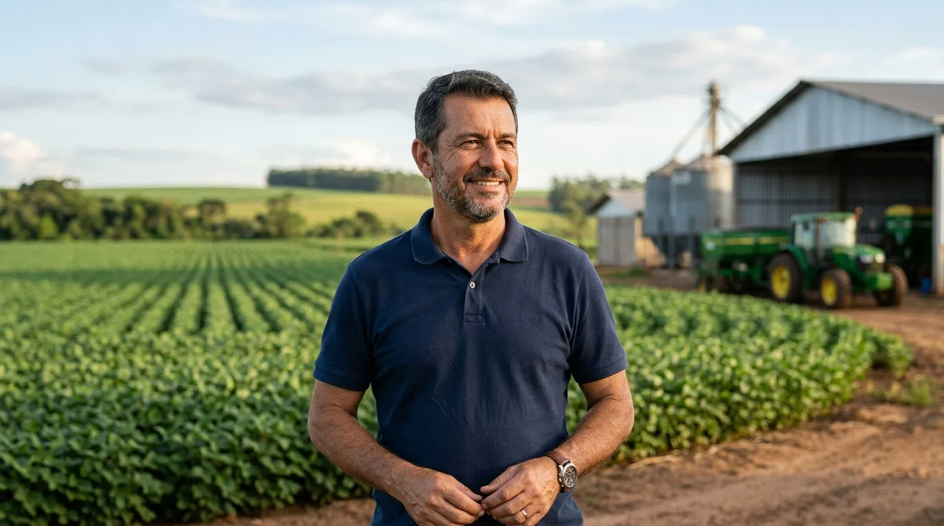 Homem produtor com uma plantação e fazenda ao fundo