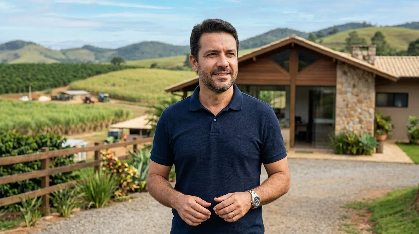 Produtor rural em sua propriedade, representando a regularização fundiária em Lavras - MG